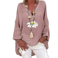 Ženske majice plus veličina Žene Ležerne prilike s dugim rukavima cvjetna print labava V-izrez košulja TOP WOMENS T majice Pink + SAD: 8-10