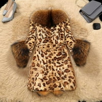 Symoid Womens Fau krzneni kaputi i jakne - FURS ovratnik klasični leopard srednji dugi zimski kaput s braon xxxxl