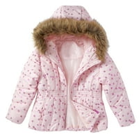 Sportoli Girl Foil Print Puffer jakna kaput krzno, ružičasta srca