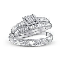 Čvrsti sterling srebrniji Njegov i njen okrugli dijamantski kvadratni parceli Par tri prstena za brisanje prstena za vjenčanje za vjenčanje postavljeni CT. -