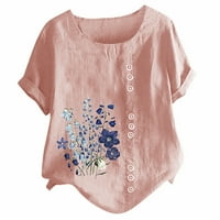 Ružičaste majice za žene O-izrez s kratkim rukavima cvjetni tipke za ispis pamuk posteljina vintage