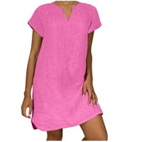 Hinvhai haljina za žene plus veličine Extra Clearence Žene Labavi V-izrez Ljeto Čvrsto kratki rukav pamuk i posteljina ružičasta 8