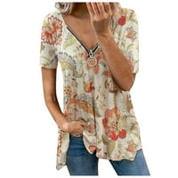 Ženske majice Ljeto Ženska casual vrhovi V-izrez patent zatvarača Ispiši majicu s kratkim rukavima Khaki