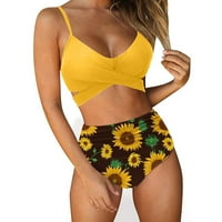 Finelylove skromni kupaći kostimi za žene lagano obloženi Halter grudnjak bikini žuti l