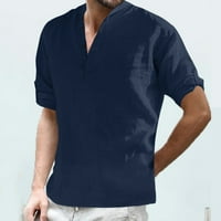 Muška pamučna i posteljina košulja za prevelike fit čvrste boje Podesivi dugi rukav V-izrez postolje