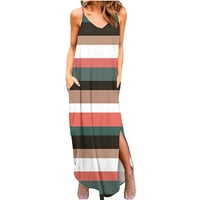 Dianli haljine za žene bez rukava V-izrez Striped Summer Maxi Sunčana haljina na plaži Labavi džep Boho