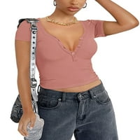 Ženska majica, kratki rukav V-izrez Dugme za zatvaranje čvrstog vitka FIT Ljeto na vrhu Streetwear za
