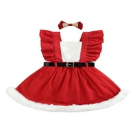 Ljetni božićni mališani dječji djevojke haljine ruffles plush trim rub haljina remena xmas crvena 2-