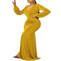 Luxplum dame večernje haljine pune boje maxi haljine v izrez duga haljina seksi zabava žuta 3xl