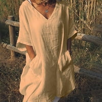 Ženska ležerna čvrsta boja Srednji rukav V-izrez džep pamuk i posteljina haljina
