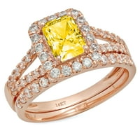 1. CT Sjajni smaragdni rez simulirani žuti dijamant 14k Rose Gold Halo Pasijans sa akcentima Bridal