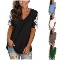 Ženska čipka s kratkim rukavima V-izrez T-majice Labavi Ležerne ljetne tee vrhove bluza XL