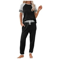 Ženske pidžame - Patchwork kratki rukav O-izrez za slobodno vrijeme, hlače SET Crni XXL
