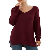 Ženska strana s dugim rukavima s dugim rukavima podijeljena, ležerna Pleta pulover džemper bluza vino