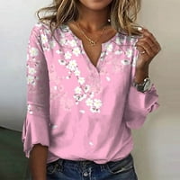 Cleance Žene Ljetni vrhovi labavi povremeni rukavi s tri četvrtine V-izrez čipka cvjetni ispis majica