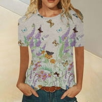 Ženski bluze Ženska modna casual udobnog tiskanog O-izrez kratkih rukava Top bluza svijetla ljubičasta