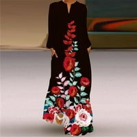 Ženska seksi digitalna tiskana dugačka haljina V-izrez sa džepovima Dugih rukava haljina Flowy haljina