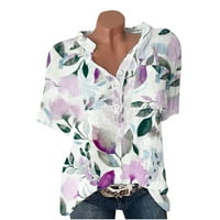 Bazyrey Womens Ljetni vrhovi cvjetna tiskana bluza Henley casual gumba s kratkim rukavima labavi fit