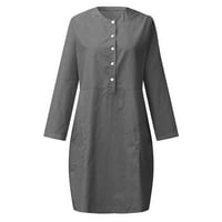Ljetne haljine za žene plus veličine pamučna posteljina čvrstog gumba za boje niz rukav s džepovima