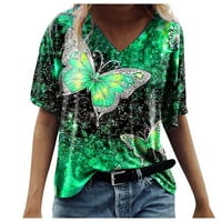 Ženski ljetni vrhovi ženski leptir tiskani kratki rukav V-izrez casual labav majica Top Green 3xl