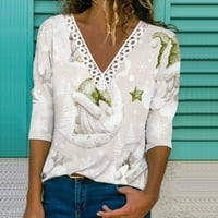 Jesen cvjetni tiskani vrhovi za žene Crochet čipke TRIM V izrez T košulje Casual Labavi pulover Tee majice Beige 5xl
