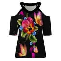 Halter Hladne vrhove ramena za žene Butterfly Print bluza Ljetni kratki rukav Trenzi Trendy Casual V