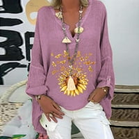 Moonker ženske majice Ležerna majica Bluza od pune boje suncokret tiskani tunic V izrez majica s dugim