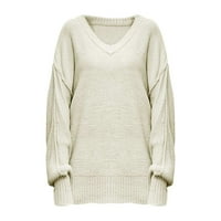 Duks pulover za žene V izrez Velike veličine Pleteni džemper s rukavima Čvrsta boja dame Udobno svest
