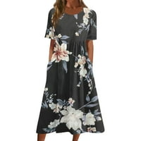 Ženska dužina gležnja modni tiskani kratki rukav A-linijski okrugli dekolte Ljetna haljina tamno siva