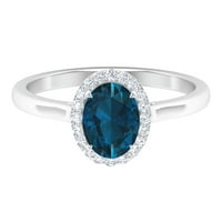 1. CT Ovalni oblik London Blue Topaz i dijamantski halo Angažman prsten u okruženju za žene, srebrne