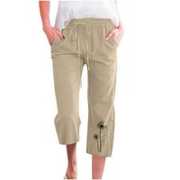 Capris posteljine hlače za žene Ljetne casual tiskane vučne elastične pamučne hlače široke noge obrezane