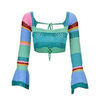 Ženski pleteni džemper: šareni prugasti patchwork ručno izrađeni kukičani dugi rukav sa četvornim džemperima