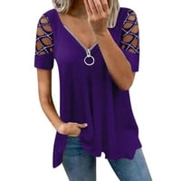 Thirts Majice za žene Zipper Color Rhinestone Solid kratkih rukava V Ret The Majica Purple XXXL