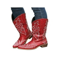 Sanviglor Womens Cowgirl Boots Wide-Calf Western Boot vezene vintage cipele Zimska casual moda Srednja teletska šiljasta nožni vino crvena 6,5