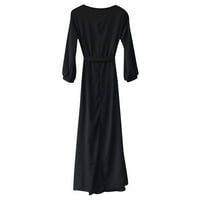 Žene Ljetne casual party crna haljina dugih rukava O-izrez pune boje duge haljine s pojasom crnim m
