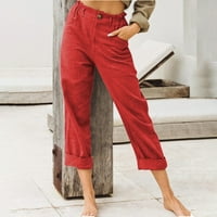 Oieyuz pamučne posteljine obrezane hlače za žene elastične visoko resiljene hlače sa džepom ravne hlače