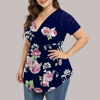 Plus veličine za žene Ljeto cvjetna grafička čipka Crochet Eyelot kratki rukav Ruched V izrez Tee majice