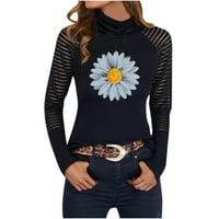 Ženske košulje s dugim rukavima MESH Srtipe Bluza Visoko vrat Daisy Flower Print casual pulover majica