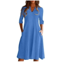 WAVSUF haljine za žene plus veličine maxi čišćenje pamučne posteljine čvrsti džepovi ljeto i jesen plava