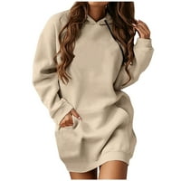 Ženski povremeni dugi rukav džepni pulover dukserice s kapuljačom košulja Čvrsta haljina Slim Fit midi
