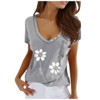 Ženska ljetna prevelika majica V-izrez kratki rukav top bluza cvjetni print sivi l