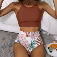 PXiakgy Tankini kupaći odijela za žene Ženski tropski ispisani split sportski kupaći kostim visoki struk bikini smeđe + s