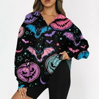 Tkinga modna dukserica za dugih rukava za žene V izrez Halloween Print majice prevelike pol zip pulover