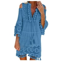 Cuoff Ljetne haljine za žene Modni treće rukave Boho haljina čipka za resel V-izrez mini haljina plava