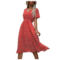 Ženske haljine s kratkim rukavima cvjetna modna gležnjana dužina A-line s V-izrezom ljetna haljina crvena