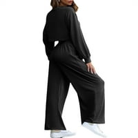 Yskkt Ženska solidna boja Dvije odjeće s dugim rukavima Crewneck Labavi gornji dijelovi duge široke pantalone za noge Sweatsuits Set S-XL