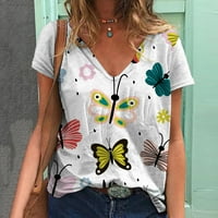 Žene Ljeto vrhovi ženski labavi casual bluze V-izrez kratkih rukava Grafički otisci Tuničke majice bijele