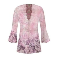 Huachen gumb dolje majice za žene ljetni cvjetni print tunički vrhovi Dressy Casual Bell Tri četvrtine V izrez opružne bluze