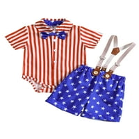 Baby Boy odjeća 4. jula odijela Stripe Print Rit Tie Romper + Star Print Suspeders Storts Ljetna odjeća
