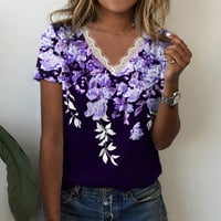 Ženski vrhovi bluza cvjetni kratki rukav Ležerne prilike, ljetne V-izrezne košulje Purple XL